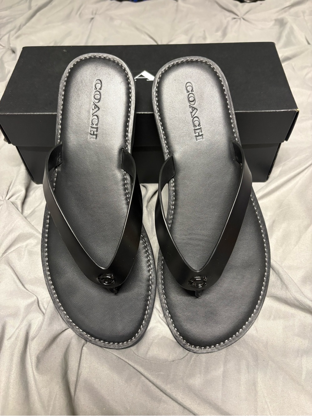 Coach Black Leather Thong Sandals with Logo Accent